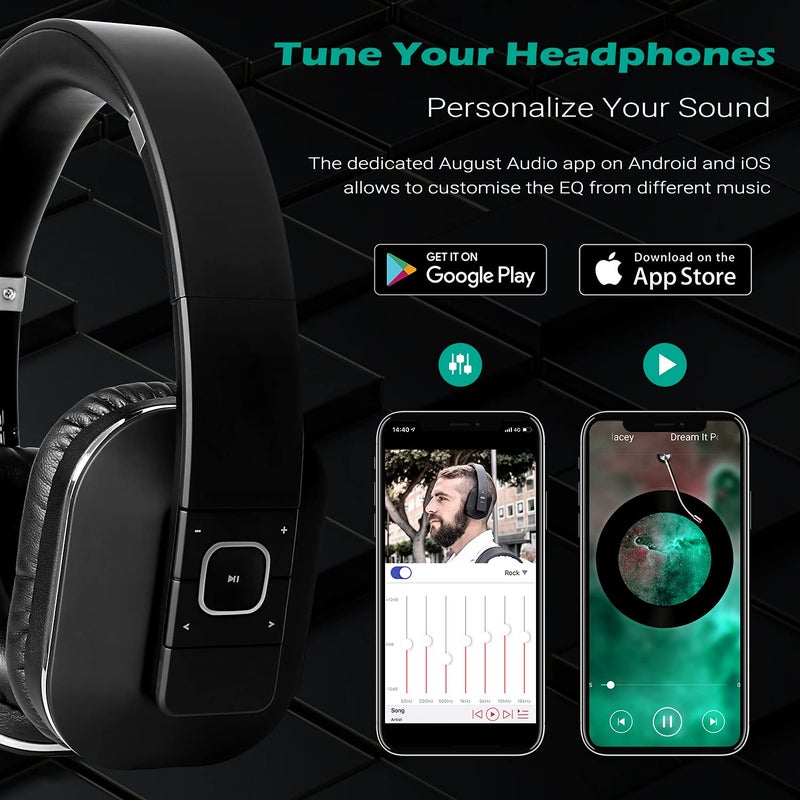 August EP650 Bluetooth Wireless Over-Ear Headphones with aptX Low Latency, NFC, Multipoint Pairing, Wired Option, Built-in Microphone - Black - Image 3